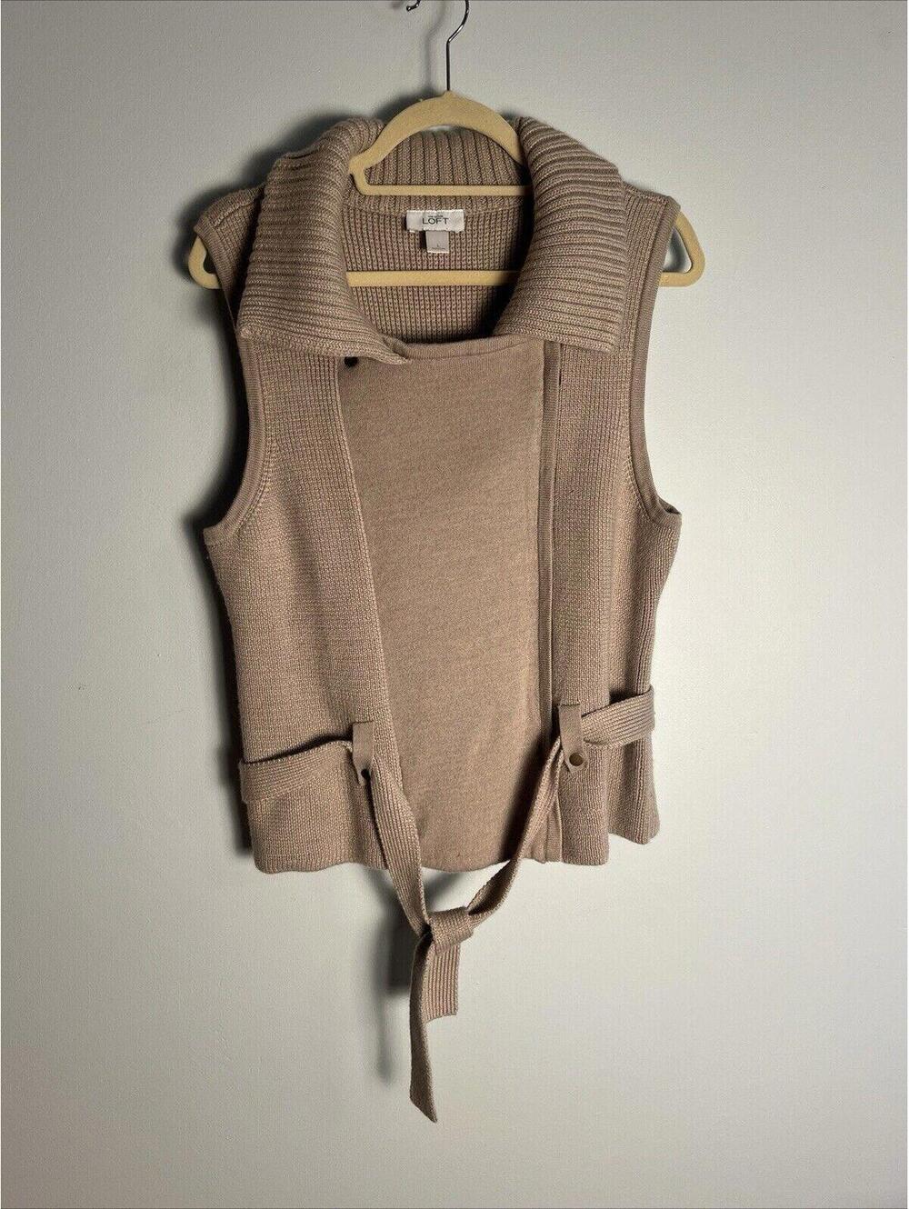 Ann Taylor Loft Wool Blend Sweater Vest Beige Zip Career Casual Sherpa Belted